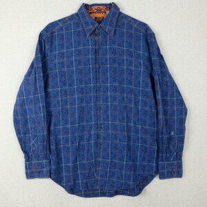 Robert Graham Shirt Mens Large Blue Check Flip Cuff Graphic Long Sleeve